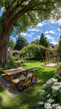 A cozy backyard garden with shady trees, swings, a playhouse, and a place for children to relax and play.