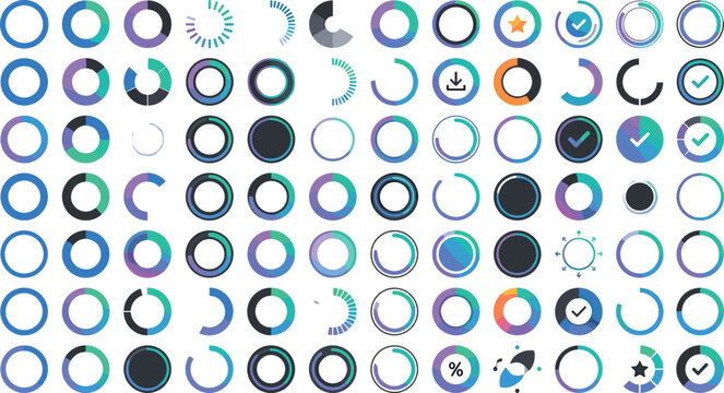 Circular Progress Bar and Loading Indicator Vector Icon Set with Modern UI Infographic Pie Charts Status Rings and Web App Interface Dashboard Symbols