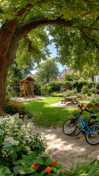A cozy backyard garden with shady trees, swings, a playhouse, and a place for children to relax and play.