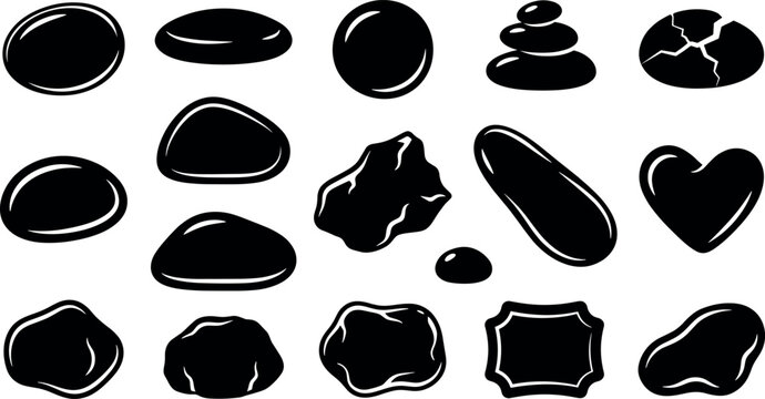 Smooth stone and river rock vector silhouette icon set featuring stacked spa stones minerals gems and pebbles for zen nature design.