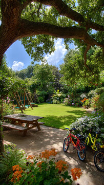 A cozy backyard garden with shady trees, swings, a playhouse, and a place for children to relax and play.