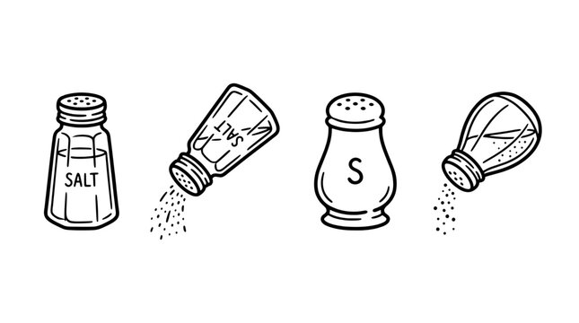 Salt shaker icon set in a line art style including containers, dispensers, and seasoning symbols. Editable vector illustration on white background.