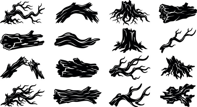 Spooky dead tree branch and log silhouette collection featuring gnarled roots broken wood logs old stumps and spooky forest elements