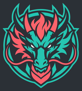 Fierce neon cyber dragon mascot logo with glowing red eyes and sharp teeth in vector art style
