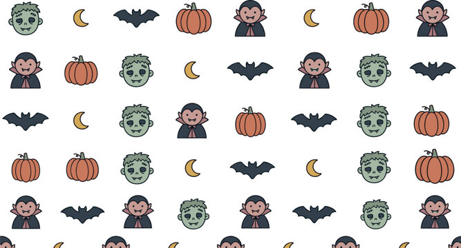 Vector cute pastel halloween seamless pattern featuring adorable vampire zombie pumpkin flying bat crescent moon white background texture
