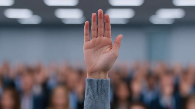 Person with raised hand in business seminar audience participating in professional corporate training session to ask question during presentation