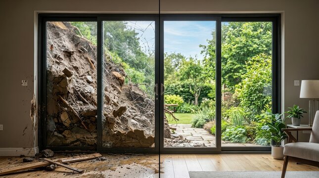 Mudslide Damage to Sliding Glass Door and Interior of Home