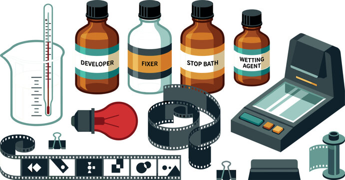 Analogue photo darkroom developing equipment set with chemical bottles film strip thermometer red safelight and enlarger vector illustration