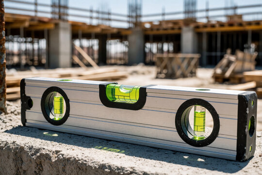 Aluminum spirit level lies on concrete surface at construction site. Builder uses tool to check accuracy, alignment of pillars. Metal bubble level ensures precise measurement for civil engineering,