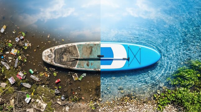Paddleboard Comparing Polluted and Clean Water Environment Before After