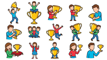 Fototapeta premium Collection of Diverse People Celebrating with Trophies and Awards Isolated on Transparent Background