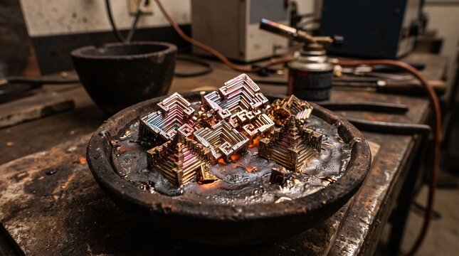 Shiny gold bismuth crystal specimen sitting on a dark metal table in a workshop setting