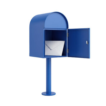 Blue metal mailbox with an open door and a white envelope inside on white background