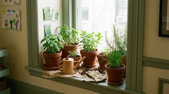 Indoor herb garden growing on a sunny windowsill with terracotta pots, watering can and gardening gloves. Authentic home lifestyle and sustainable family living concept.