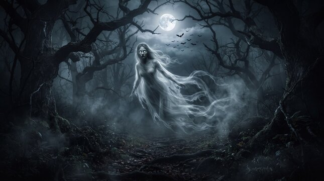 Ghostly phantom floating in spooky graveyard under full moon light, dark horror forest night,  background illustration