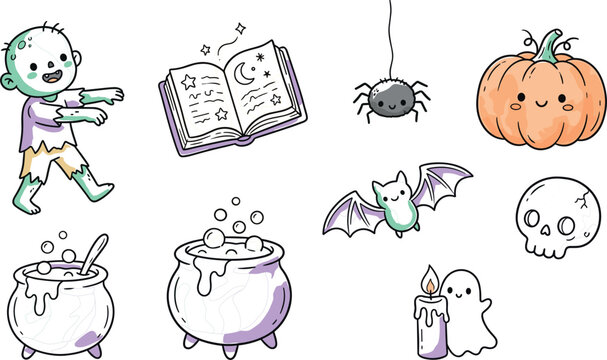Vector cute hand drawn pastel halloween icon set featuring zombie spellbook spider pumpkin cauldron bat skull ghost candle