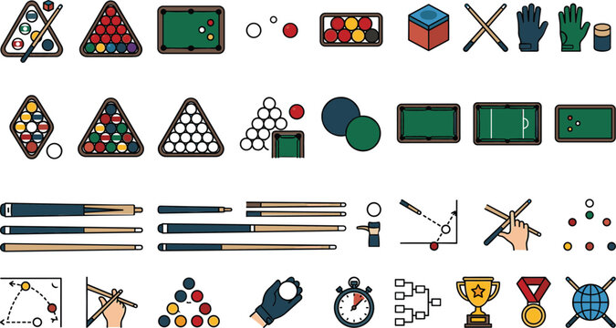 Billiards and pool equipment collection featuring cues, balls, racks, accessories, tournament gear, and snooker vector illustrations