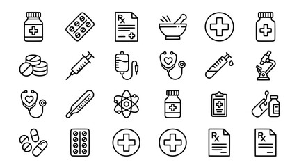 Fototapeta premium Medical and healthcare icon set in a minimalist outline style including medicine, syringe, stethoscope, prescription, microscope and lab test.