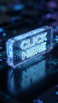 Glowing neon sign with click here text in futuristic glass box