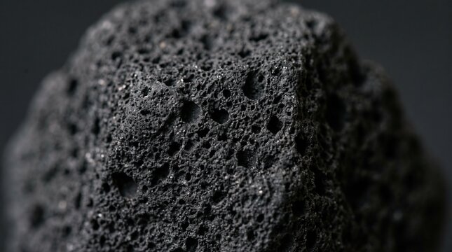 Close up view of a dark porous volcanic rock texture with rough surface and deep holes