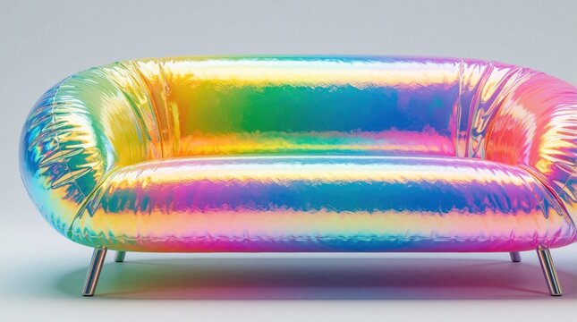 Futuristic inflatable couch with shimmering rainbow holographic surface. Quirky, bold furniture piece provides comfort and modern style. Ideal for creative interiors or pop art themes.