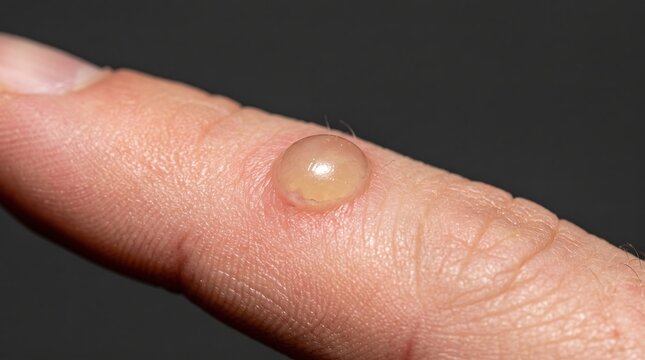 Macro close up of raised clear fluid filled blister burn on finger skin