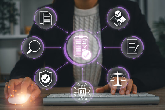 AI legal document analysis concept showing contract review, risk detection, digital signatures and intelligent document processing for modern legal technology.