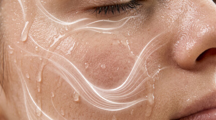 Fototapeta premium Extreme close-up of female facial skin with water drops and white waves, concept of deep hydration, rejuvenation and anti-aging spa treatment
