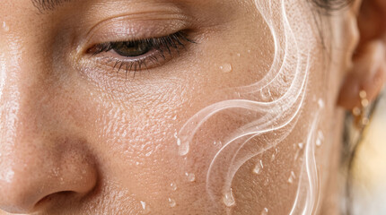 Fototapeta premium Extreme close-up of female facial skin with water drops and white waves, concept of deep hydration, rejuvenation and anti-aging spa treatment