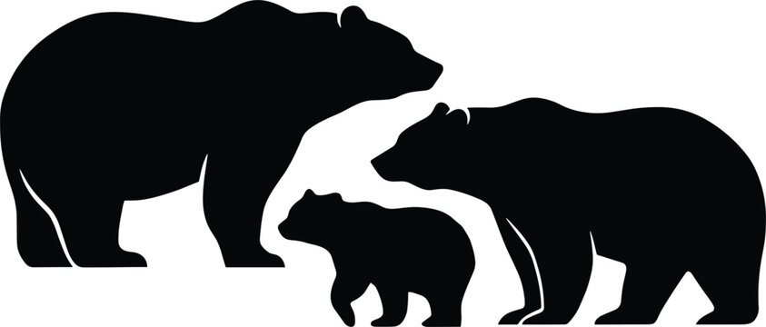 Black bear family silhouettes with adult bears and cub isolated on white background illustration