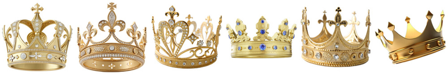 Collection of luxurious golden crowns adorned with sparkling diamonds and blue sapphires, symbolizing royalty, power. © Trieu