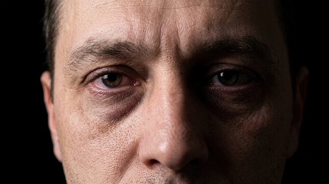 Close up front portrait of middle aged man with tired eyes and red conjunctiva