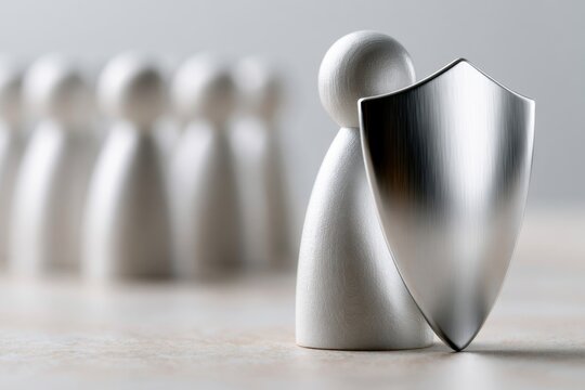 Wooden figure protecting with a metallic shield while other figures stand behind representing security and defense concept for teamwork and protection strategie