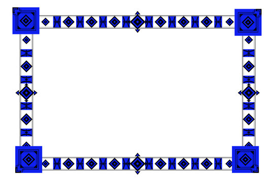 Geometric blue and black abstract pattern frame border illustration featuring elegant decorative diamond shapes and clean lines on a white background.