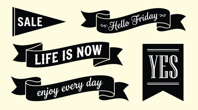 Vintage black ribbon banners set with motivational text. Retro pennant flags and scroll labels for sale and marketing. Vector EPS collection.