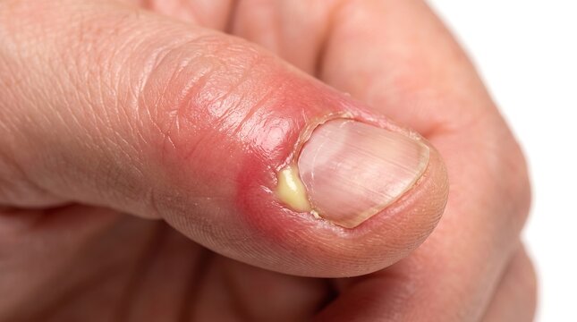 Macro shot of acute paronychia fingernail infection with yellow pus under nail fold