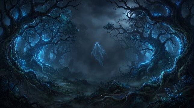 Ethereal Forest Spirit: A spectral entity, glowing with an otherworldly blue light, drifts through a dark, misty forest where ancient trees twist and loom.