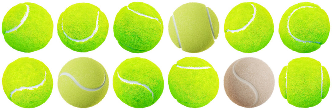 Vibrant collection of fuzzy tennis balls in various angles, showcasing sporting equipment.