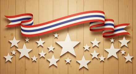 Naklejka premium Patriotic stars and ribbon on wood wall