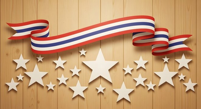 Patriotic stars and ribbon on wood wall