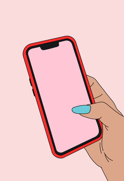 Vector Illustration of Isolated Woman&rsquo;s Hand Using Modern Mobile Phone Mockup Against Pink Background. Communication, Chat, Technology, Connection, Location, Contact Concept. Blank Screen Copy Space