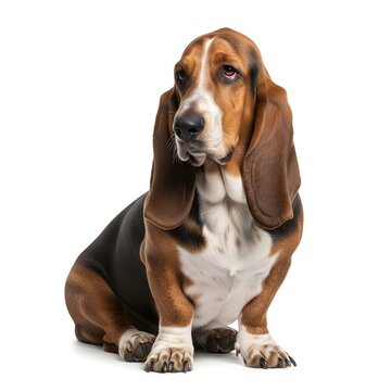 Basset hound sitting with long droopy ears