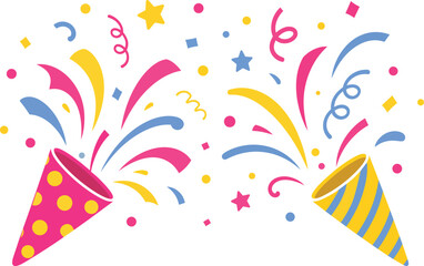 Fototapeta premium Double party popper illustration, confetti and streamers vector