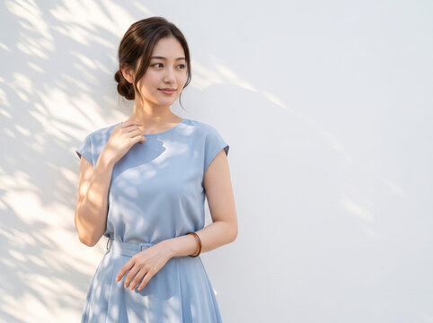 木陰の光を浴びて首元に手を添えて佇む水色の衣装の女性