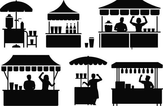 Market stall silhouette icon set illustration, street vendor vector artwork, outdoor fair design graphic, food drink emblem symbol, commerce motif, minimalist style theme collection