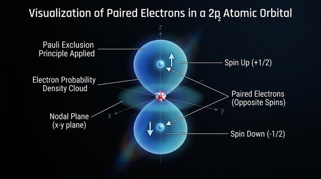 Paired electrons in atomic orbital. Electron density cloud visualization