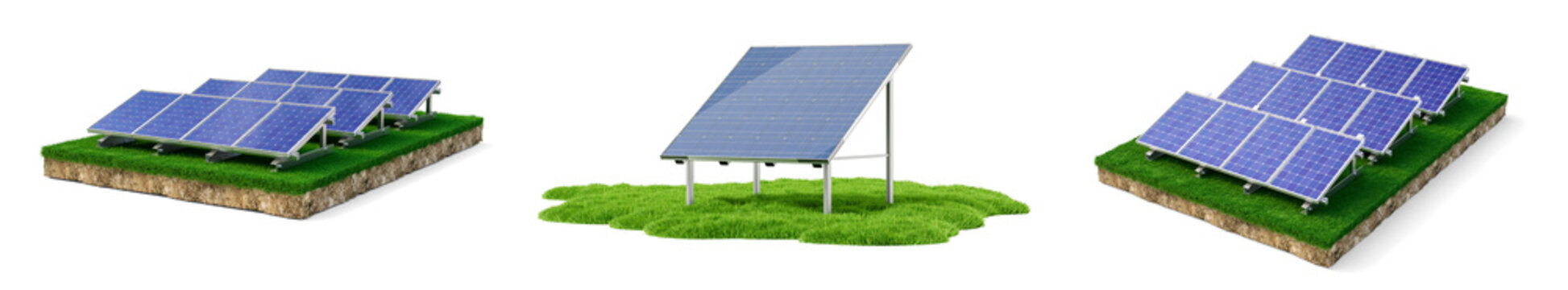 Collection of 3D rendered solar panel arrays on green grass patches, representing renewable energy.