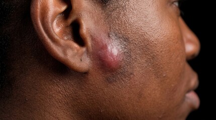 Naklejka premium Close up side view of dark skin face showing large inflamed sebaceous cyst on cheek near ear