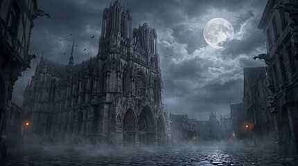 Obraz premium Gothic Cathedral Under a Full Moon: A majestic gothic cathedral stands silhouetted against a dramatic full moon and cloudy sky, casting an eerie shadow over a desolate cobblestone street.