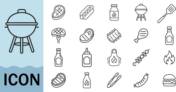 Barbecue grill icon set for food and outdoor cooking design